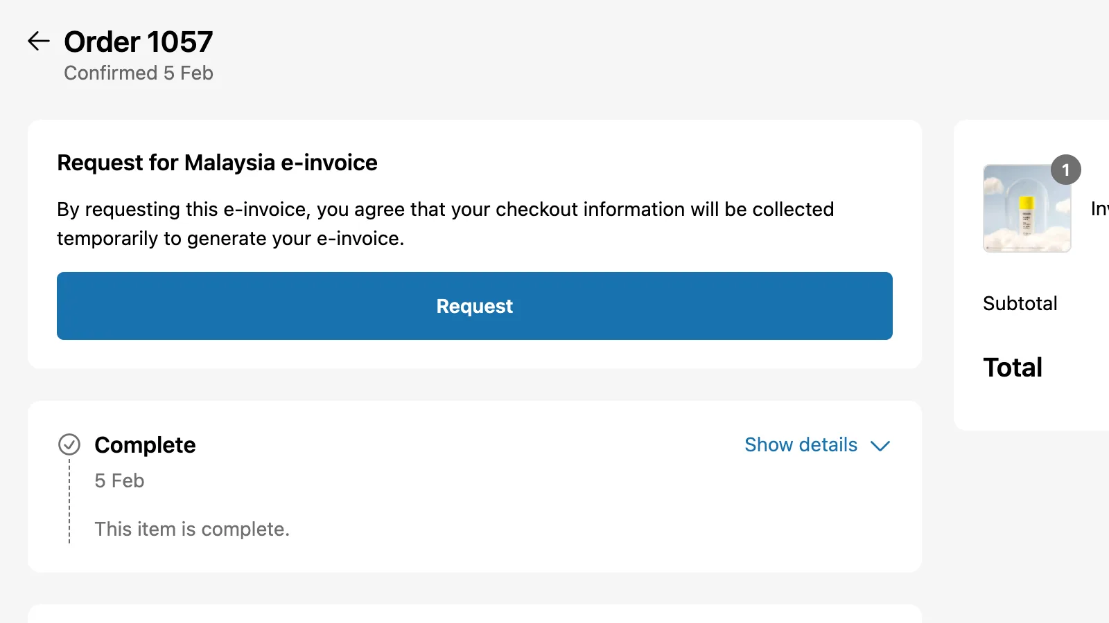 Customer order page with a Request for Malaysia e-invoice button