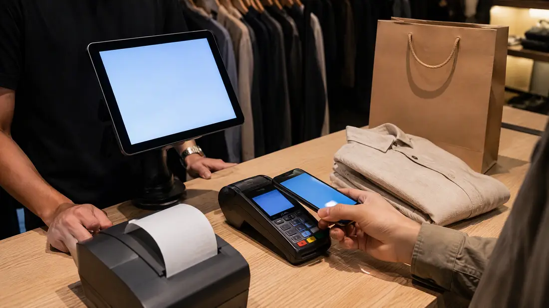 A boutique checkout counter: a tablet register, a card terminal, a customer paying by phone and a receipt printing